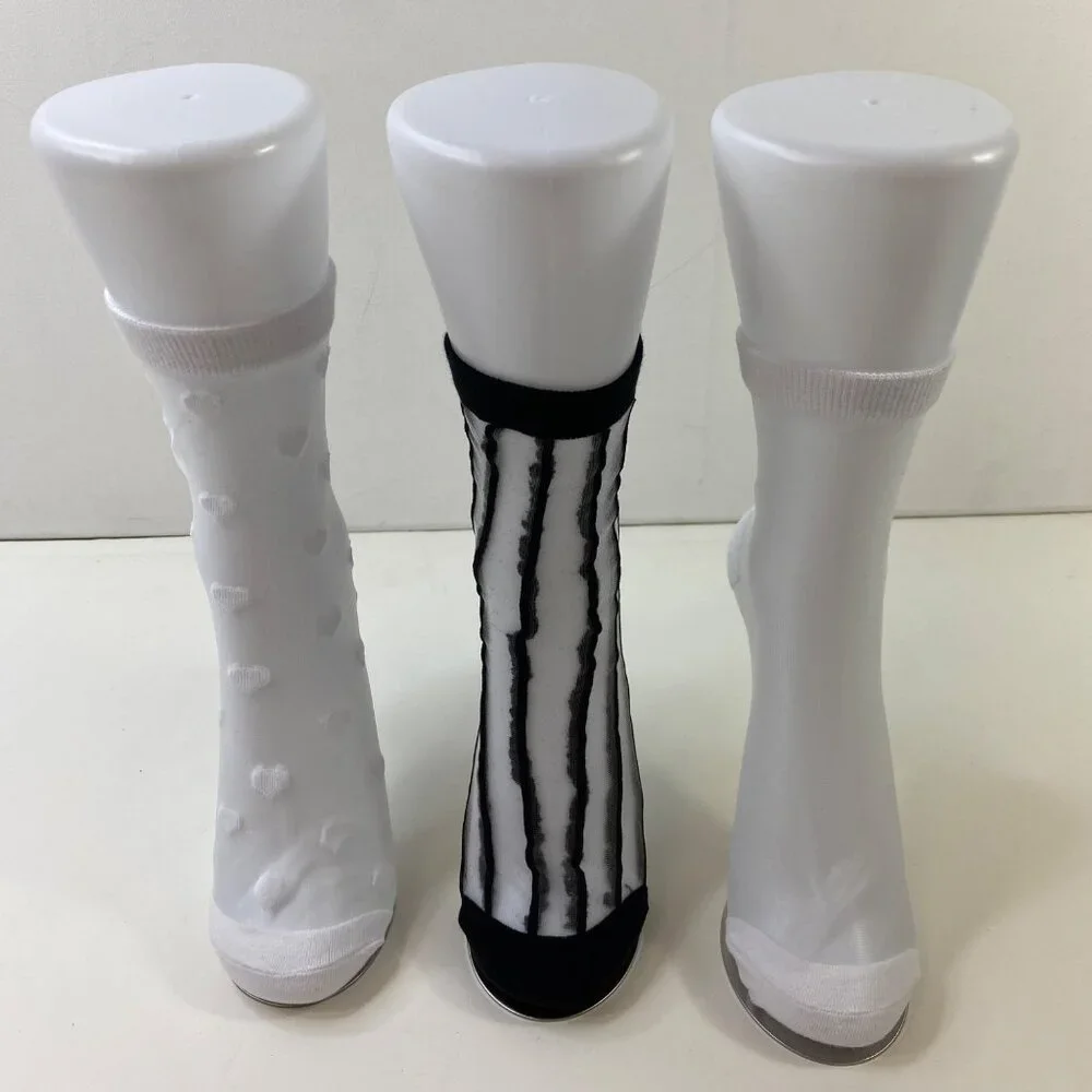 Sheer Ankle Socks Set - 3 Stylish Pairs With Hearts Stripes & Solid Patterns